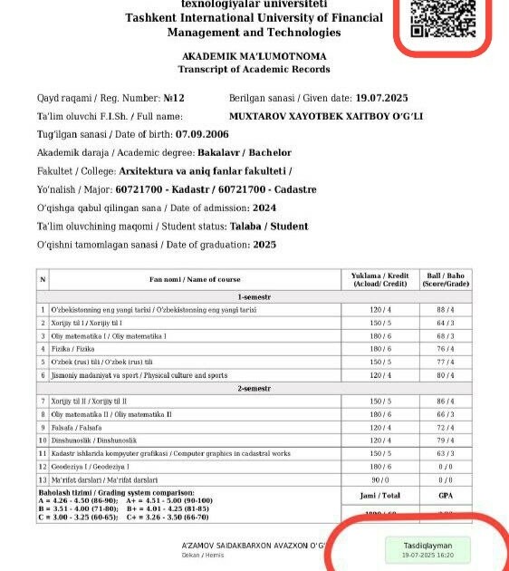 HEMIS transkripti: o‘qishni ko‘chirish uchun to‘g‘ri namunasi