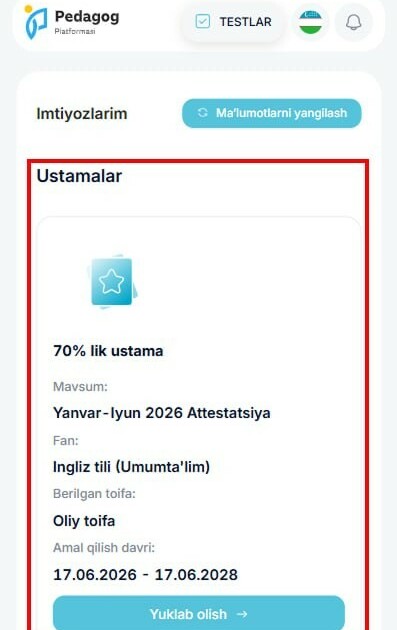 70 foizlik ustama hujjatini yuklab olish boshlandi